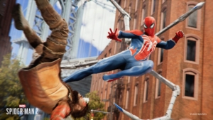 Spider-Man jumps through the air with his suit legs coming out of his back. He is kicking a bad guy as the buildings of New York City surround them.